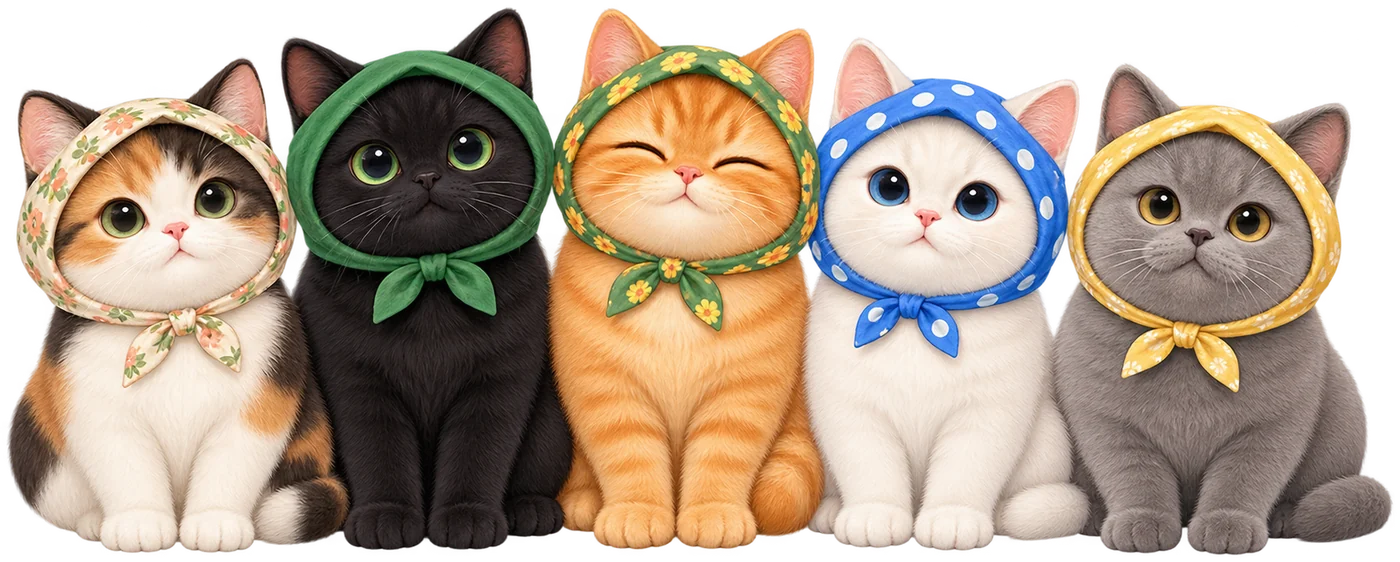 五只戴头巾的猫咪伙伴
